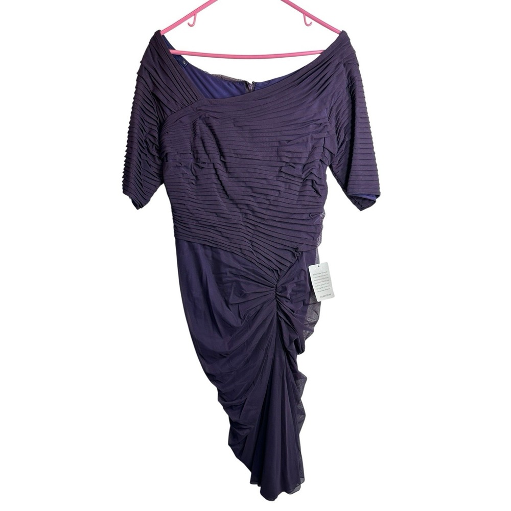 Tadashi Shoji Purple Mesh Ruched Pleated‎ Off Shoulder Cocktail Dress XL NEW